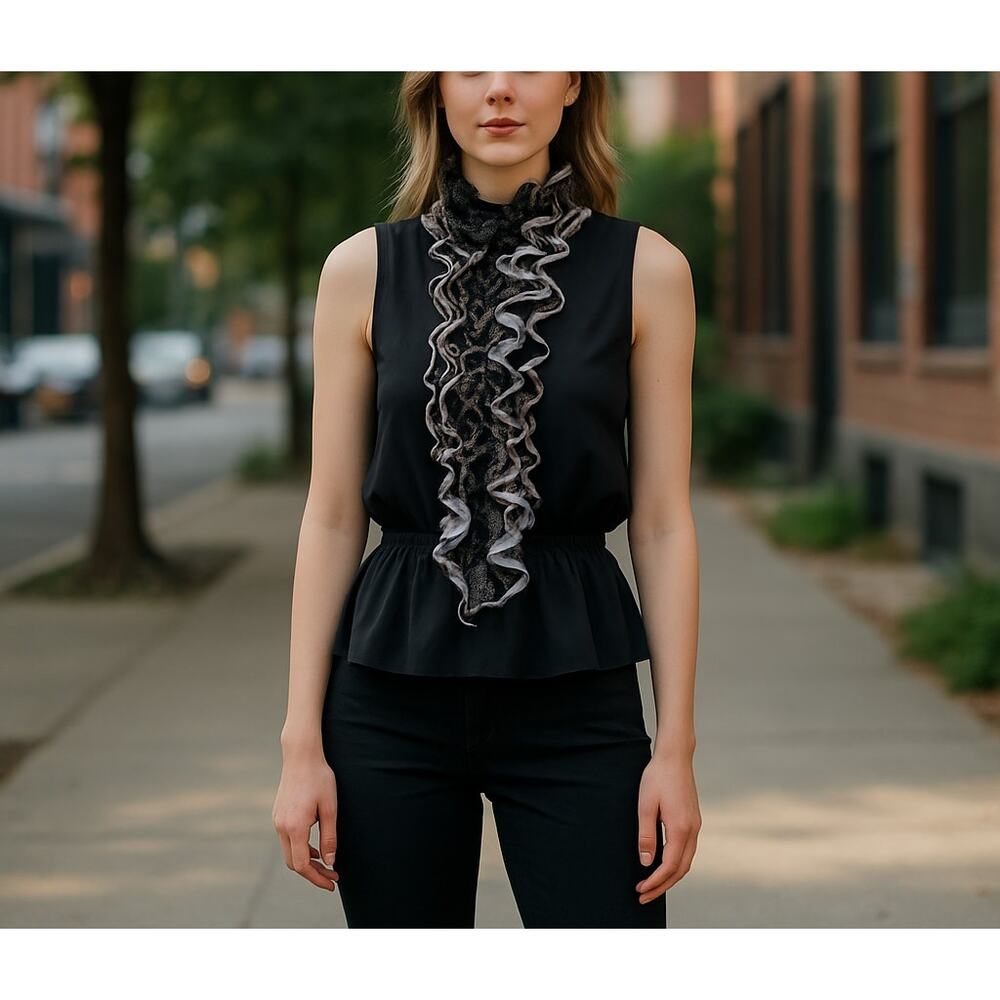 Robert Rodriguez blouse black chiffon lace overlay high ruffle collar peplum XS